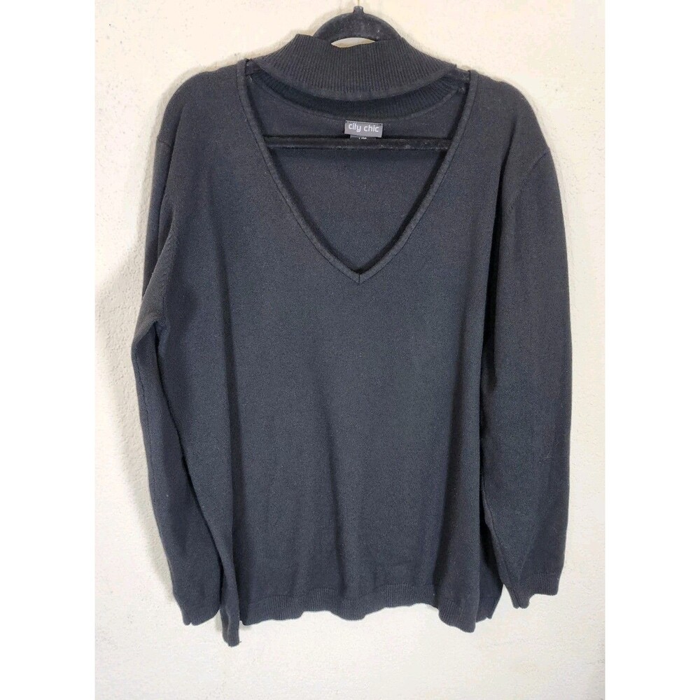 City Chic Sweater Size L (20) Black Mock Neck Cutout Choker V-Neck Pullover Knit